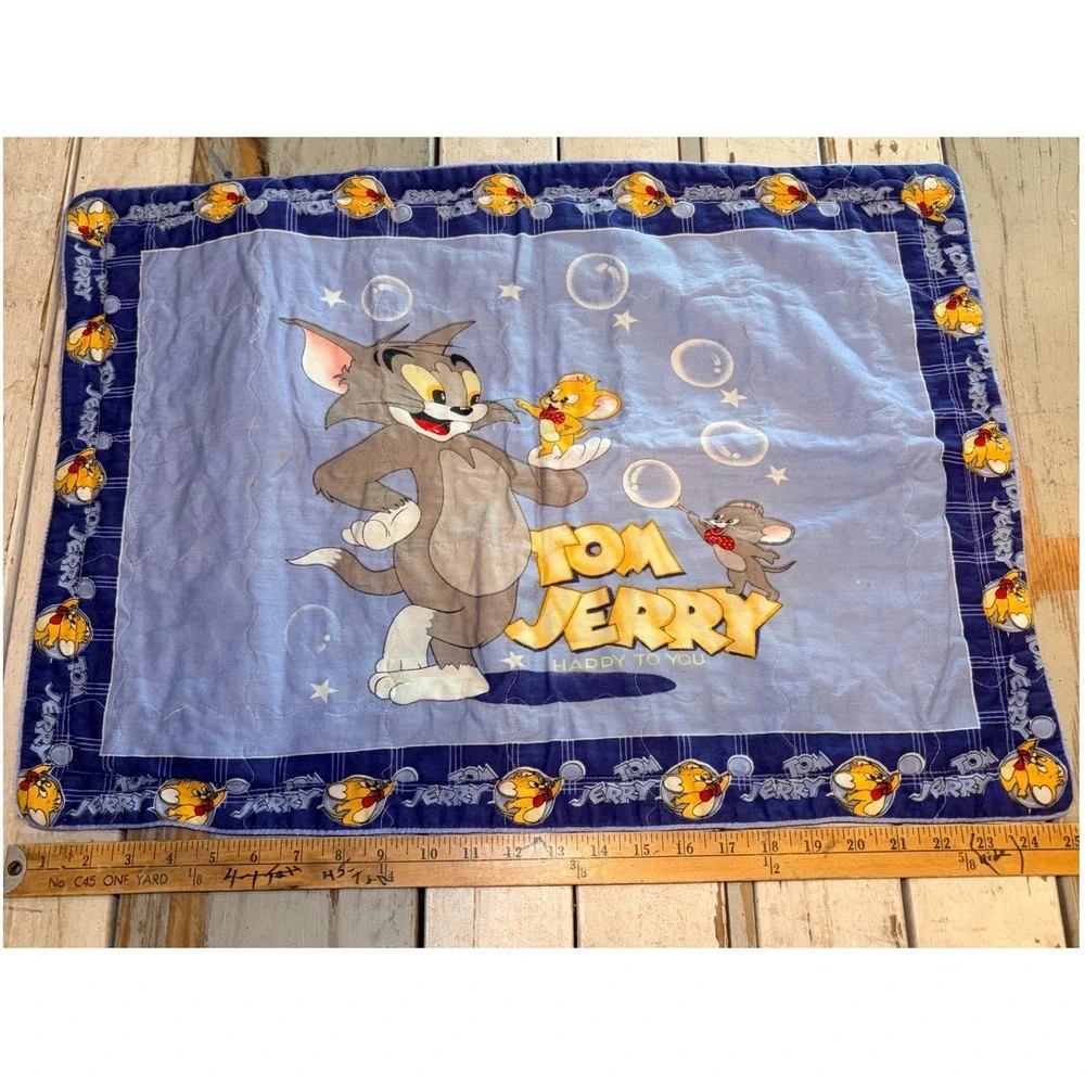 Vintage Tom and Jerry Quilted Pillow Sham Blue Zippered Cartoon Bedding